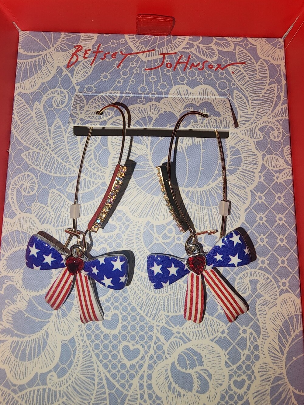 Betsey Johnson Patriotic Bow Dangle Earrings - Blue, Red, White